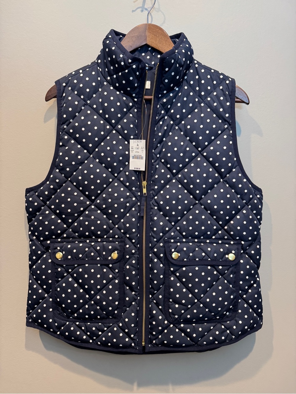 NEW J Crew Women's Full Zip Down Vest Navy Blue & White Polka Dots Size L NWT